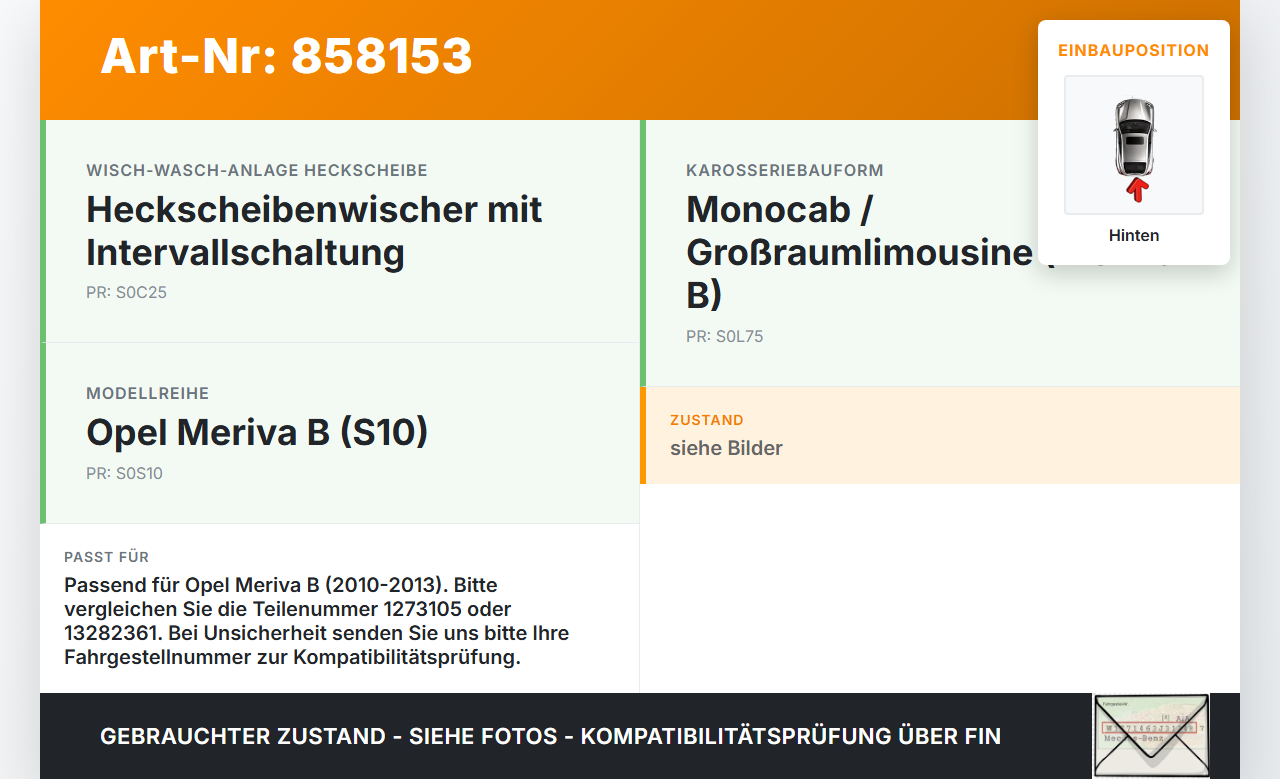 Opel Meriva B S10 10-13 Wischermotor Hinten Opel Meriva B S10 10-13 06.02.2012 13282361 W000013579 1273105 gebraucht Vorschau 3