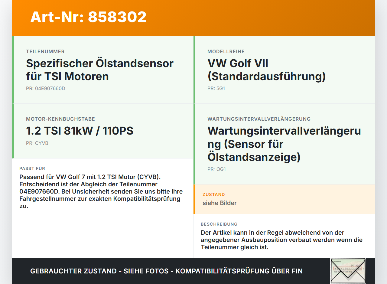 VW Golf 7 VII 5G 12-17 TSI 1,2 81KW CYVB Ölstandsensor VW Golf 7 VII 5G 12-17 15.08.2016 04E907660D 6PR010418-19... Vorschau 3