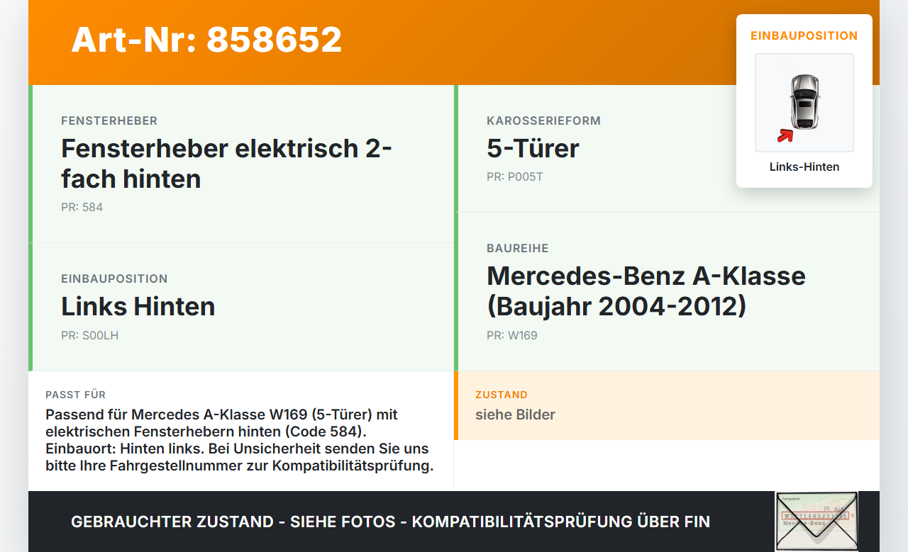Mercedes W169 A150 08-12 5T Fensterhebermotor Links Hinten Mercedes W169 A150 08-12 16.12.2009 A1698204542... Vorschau 3