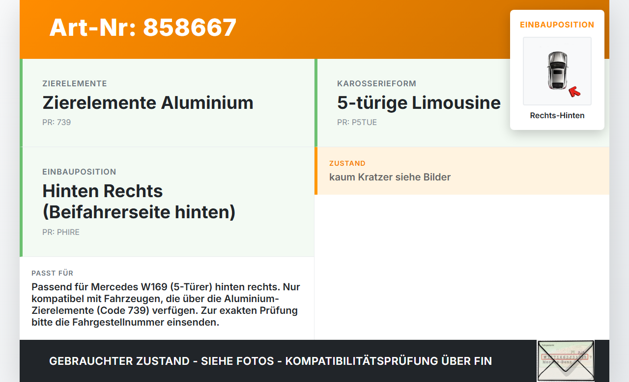 Mercedes W169 A150 08-12 5T Türleiste Rechts Hinten Innen Türverkleidung 191 Mercedes W169 A150 08-12 16.12.2009... Vorschau 3