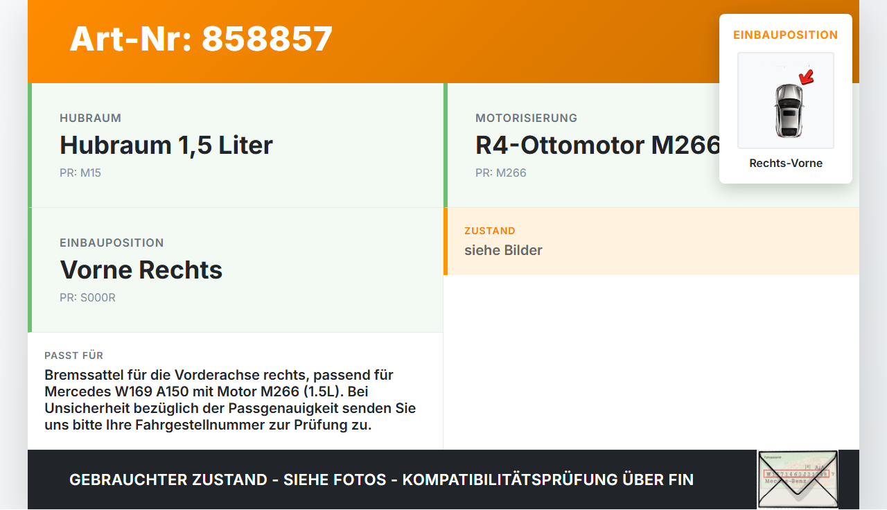 Mercedes W169 A150 08-12 1,5 70KW Bremssattel Bremszange Vorne Rechts Mercedes W169 A150 08-12 16.12.2009... Vorschau 3