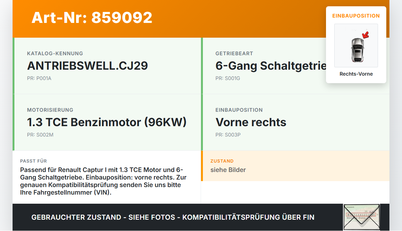 Renault Captur I  13-21 TCE  1,3 96KW Antriebswelle Gelenkwelle Rechts Vorne Renault Captur I  13-21 19.09.2019... Vorschau 3
