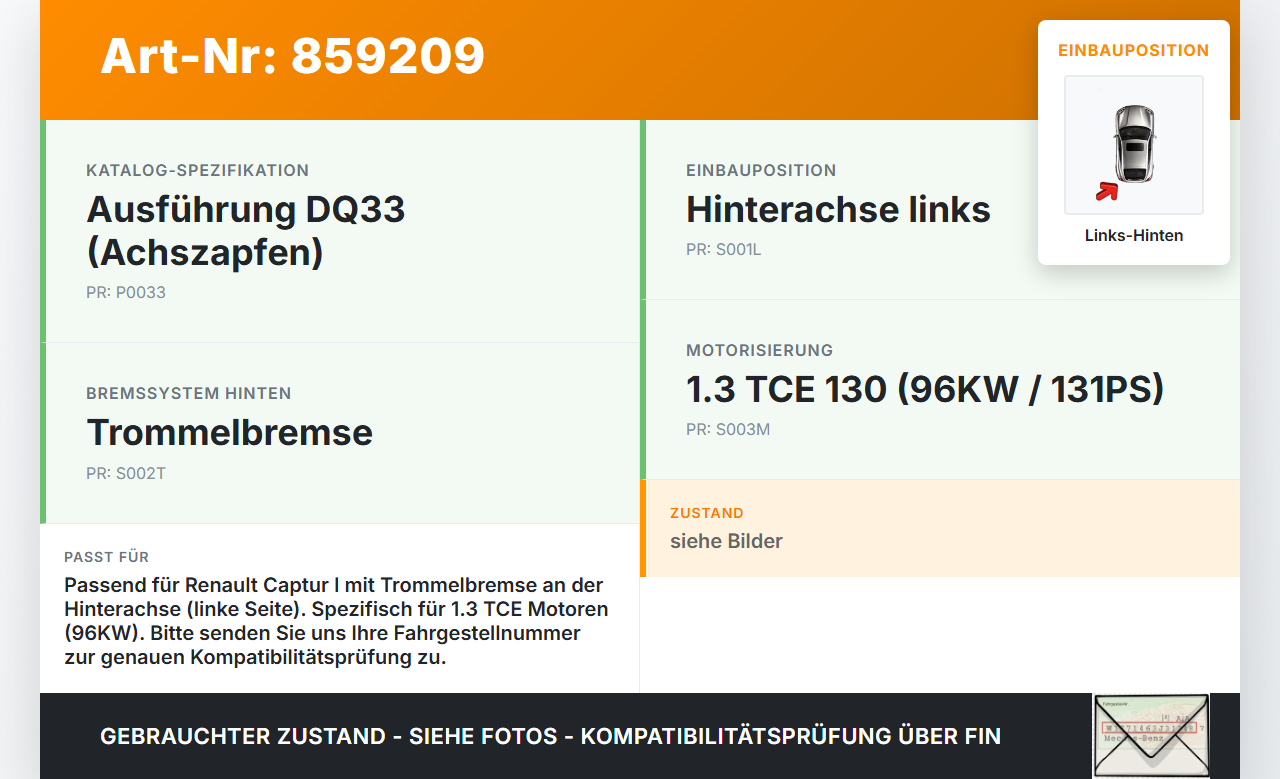 Renault Captur I  13-21  TCE  1,3 96KW Achsschenkel Radnabe Trommelbremse Links Hinten Renault Captur I  13-21... Vorschau 3