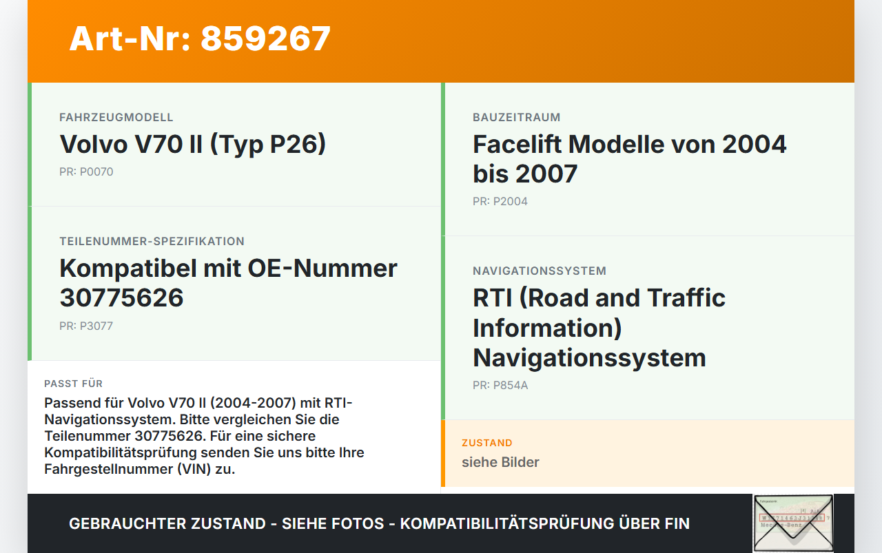 Volvo V70 II 04-07 Bildschirm Display Monitor Volvo V70 II 04-07 01.11.2006 30775626 30775626-1 gebraucht Vorschau 3