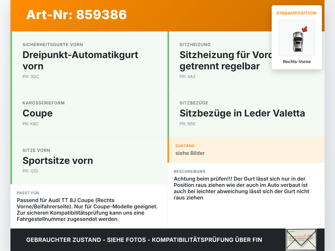 Audi TT 8J 06-10 Coupe Gurt Sicherheitsgurt Rechts Vorne Audi TT 8J 06-10 11.11.2006 8J8857705D 8J8857705 gebraucht Vorschau 3