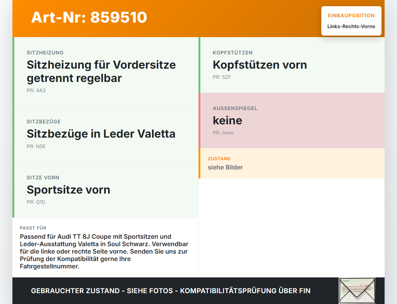 Audi TT 8J 06-10 Coupe Leder Kopfstütze für Beifahrer Sitz Rechts oder Links Vorne Soul Schwarz Audi TT 8J 06-10... Vorschau 3