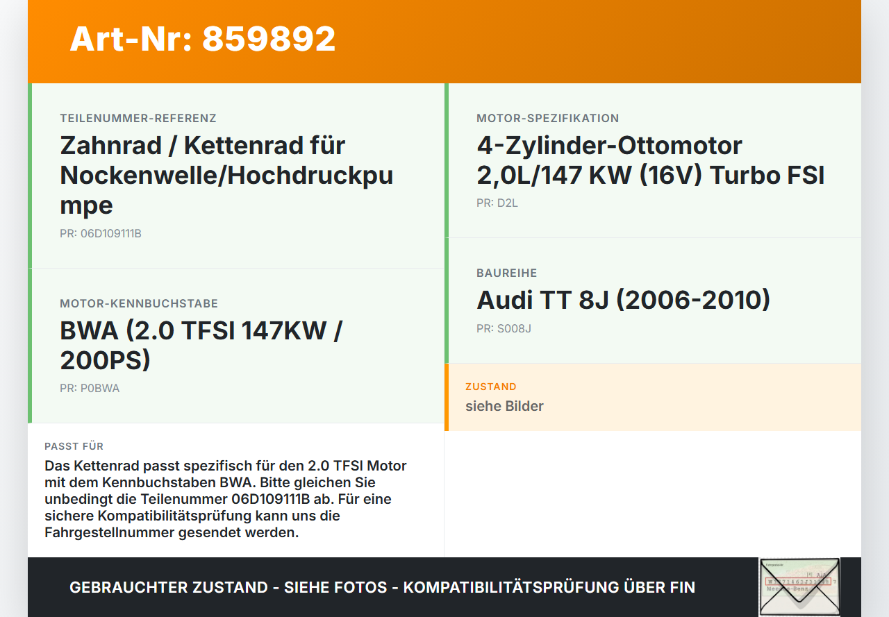 Audi TT 8J 06-10 TFSI 2,0 147KW BWA Zahnrad Audi TT 8J 06-10 11.11.2006 06D109111B gebraucht Vorschau 3