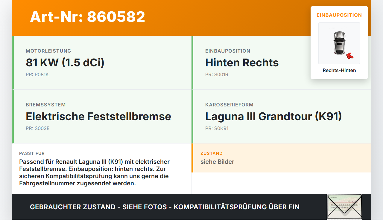 Renault Laguna III K91 11-15 dCi 1,5 81KW Bremssattel Bremszange Hinten Rechts Renault Laguna III K91 11-15... Vorschau 3