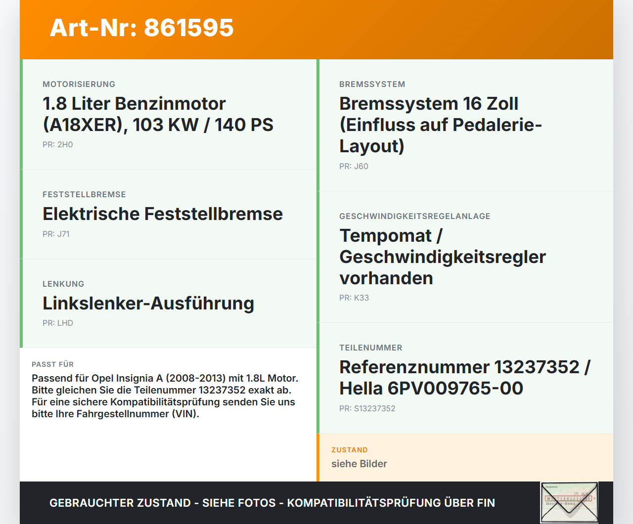 Opel Insignia A 08-13 1,8 103KW Gaswertgeber Gaspedal Opel Insignia A 08-13 22.10.2008 13237352 6PV009765-00 gebraucht Vorschau 3