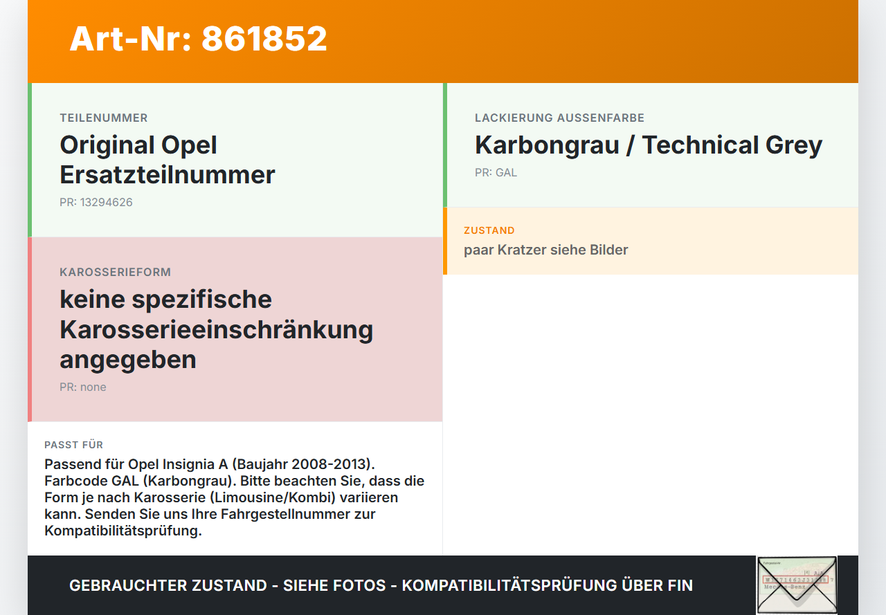 Opel Insignia A 08-13 Tankdeckel Tankklappe GAL Opel Insignia A 08-13 22.10.2008 13294626 gebraucht Vorschau 3