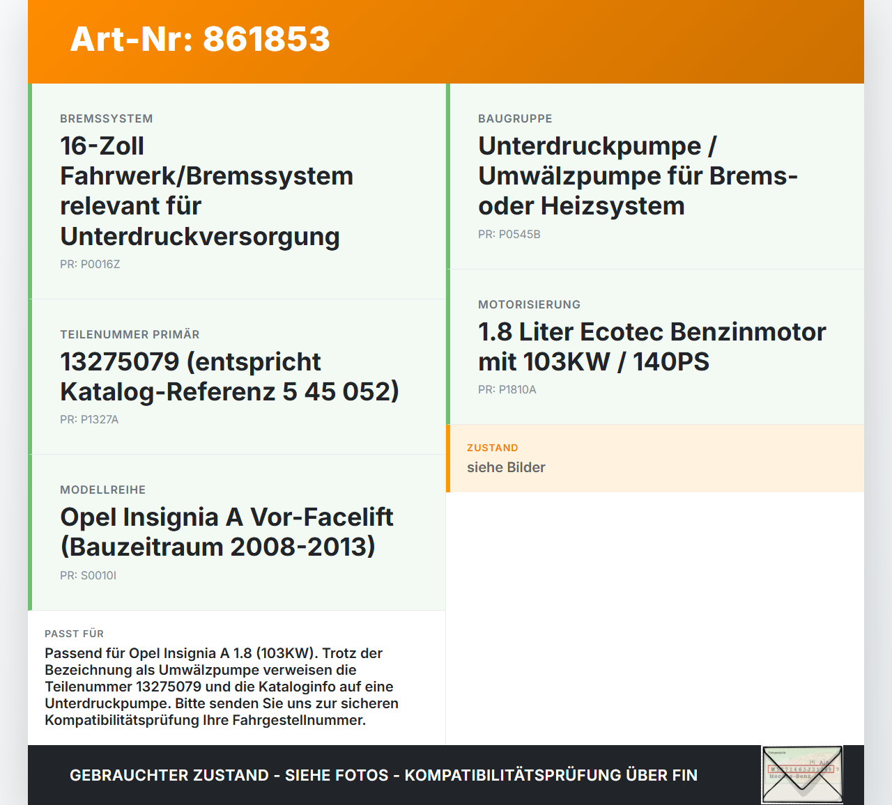 Opel Insignia A 08-13 1,8 103KW Umwelzpumpe Heizung Pumpe Opel Insignia A 08-13 22.10.2008 13275079 009428-03... Vorschau 3