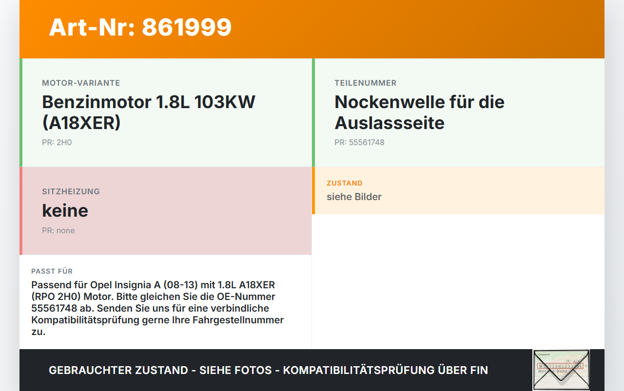 Opel Insignia A 08-13 1,8 103KW A18XER 2H0 Nockenwelle Auslass Opel Insignia A 08-13 22.10.2008 55561748 55353288... Vorschau 3