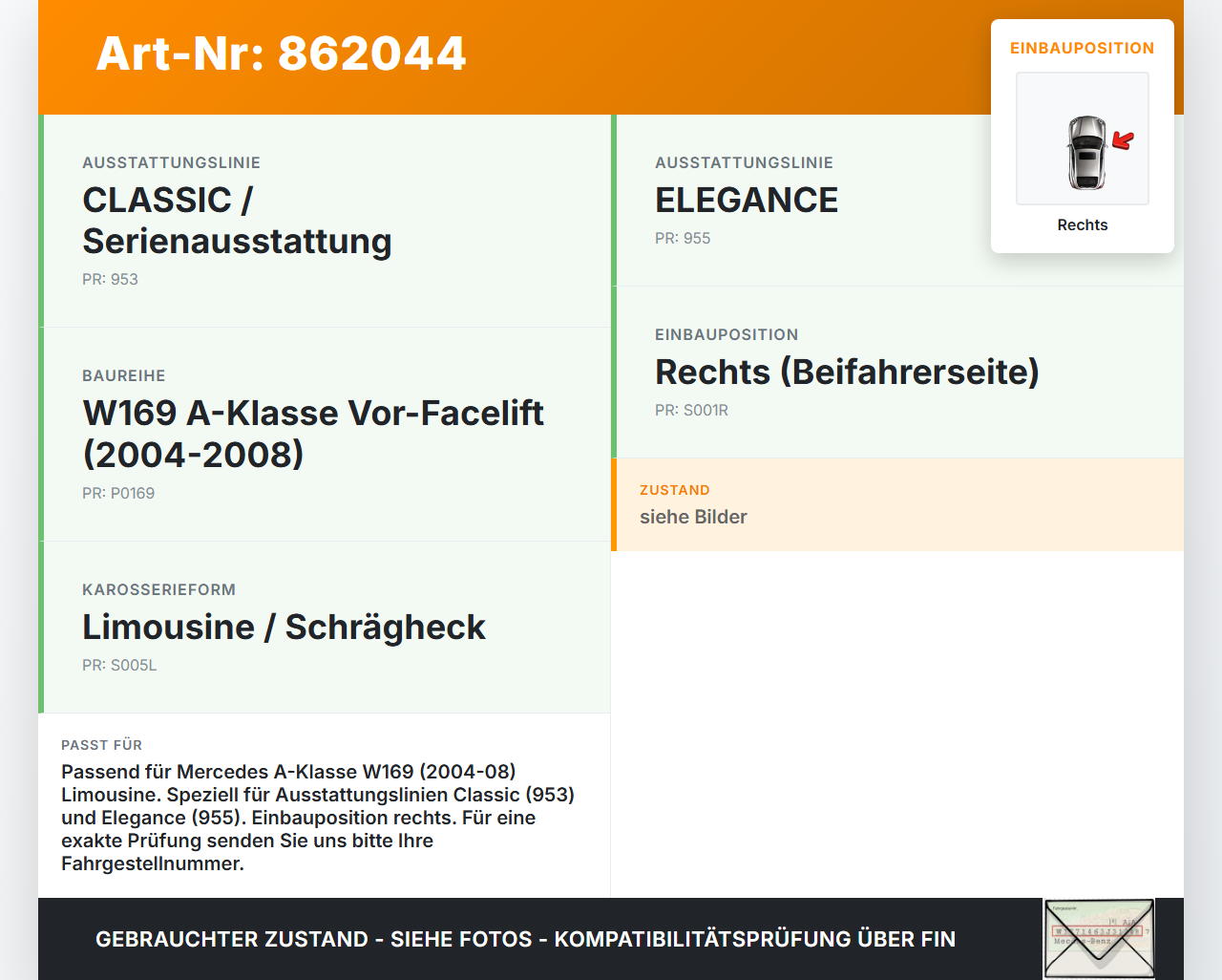 Mercedes W169 A150 04-08 Lim Rückleuchte Rücklicht Heckleuchte Rechts orig Mercedes W169 A150 04-08 11.11.2004... Vorschau 3