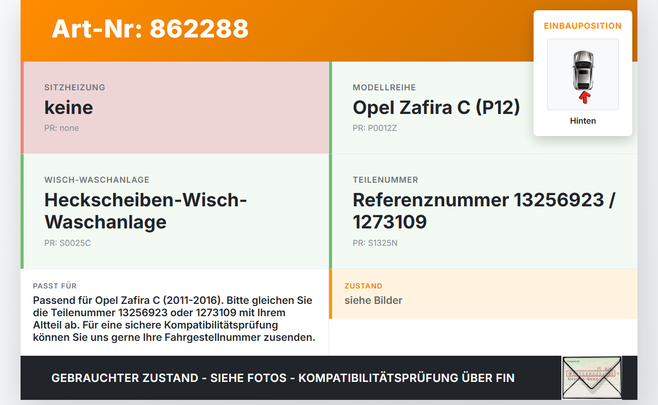 Opel Zafira C 11-16 Wischermotor Hinten Heckwischermotor Opel Zafira C 11-16 25.07.2012 13256923 gebraucht Vorschau 3