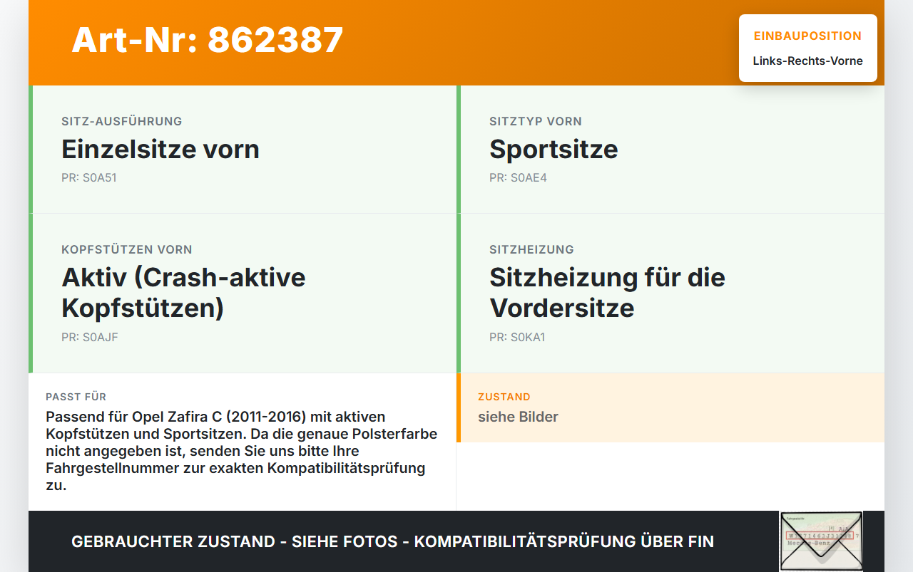 Opel Zafira C 11-16 Kopfstütze für Fahrer Sitz Rechts oder Links Vorne Crash Aktiv Opel Zafira C 11-16 25.07.2012... Vorschau 3