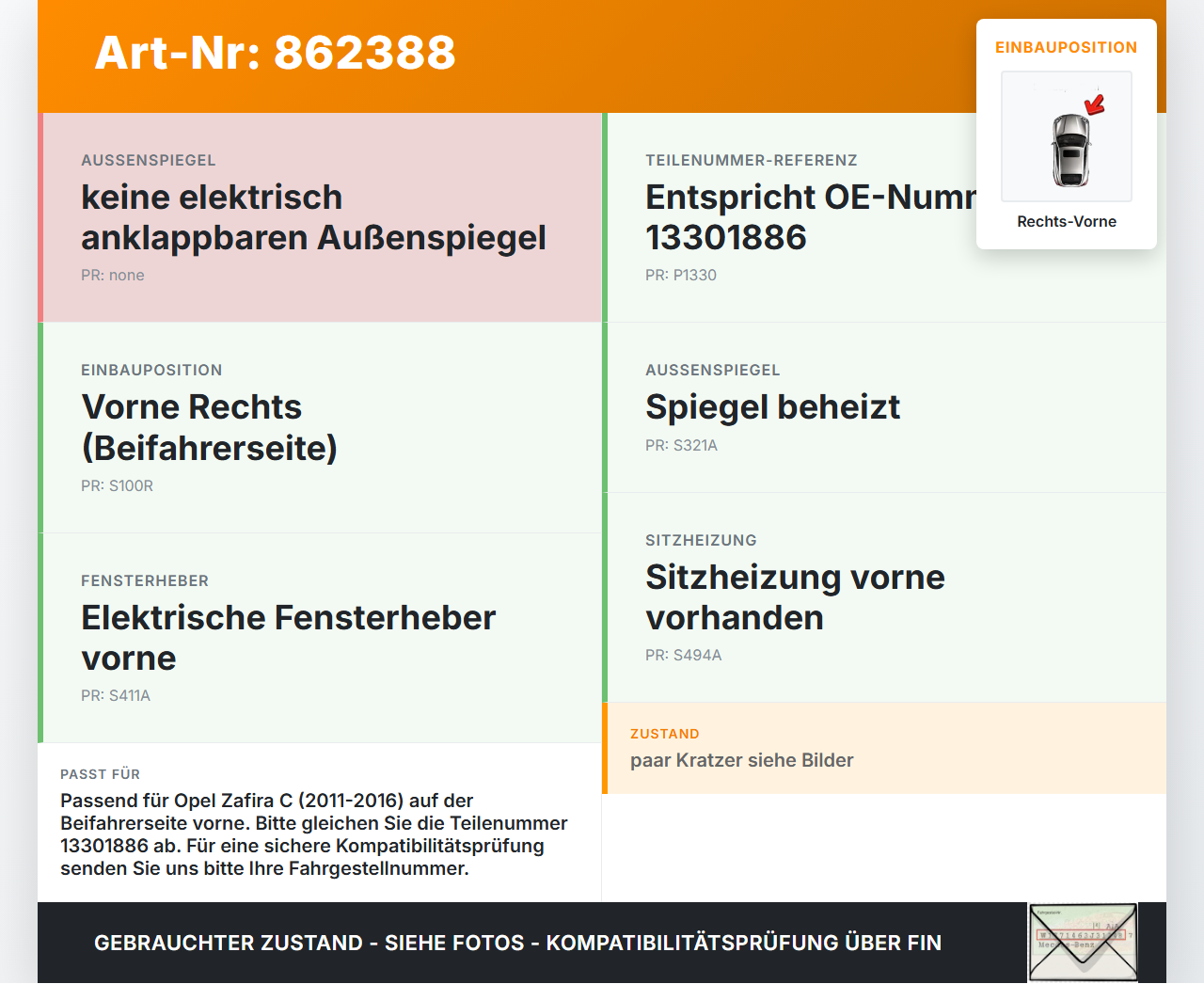 Opel Zafira C 11-16 Fensterheberschalter Schalter Rechts Vorne Opel Zafira C 11-16 25.07.2012 13301886 gebraucht Vorschau 3