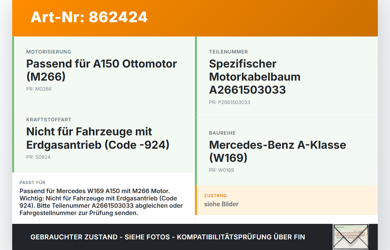 Mercedes W169 A150 04-08 Lim Kabelbaum für Motor Mercedes W169 A150 04-08 11.11.2004 A2661503033 gebraucht Vorschau 3
