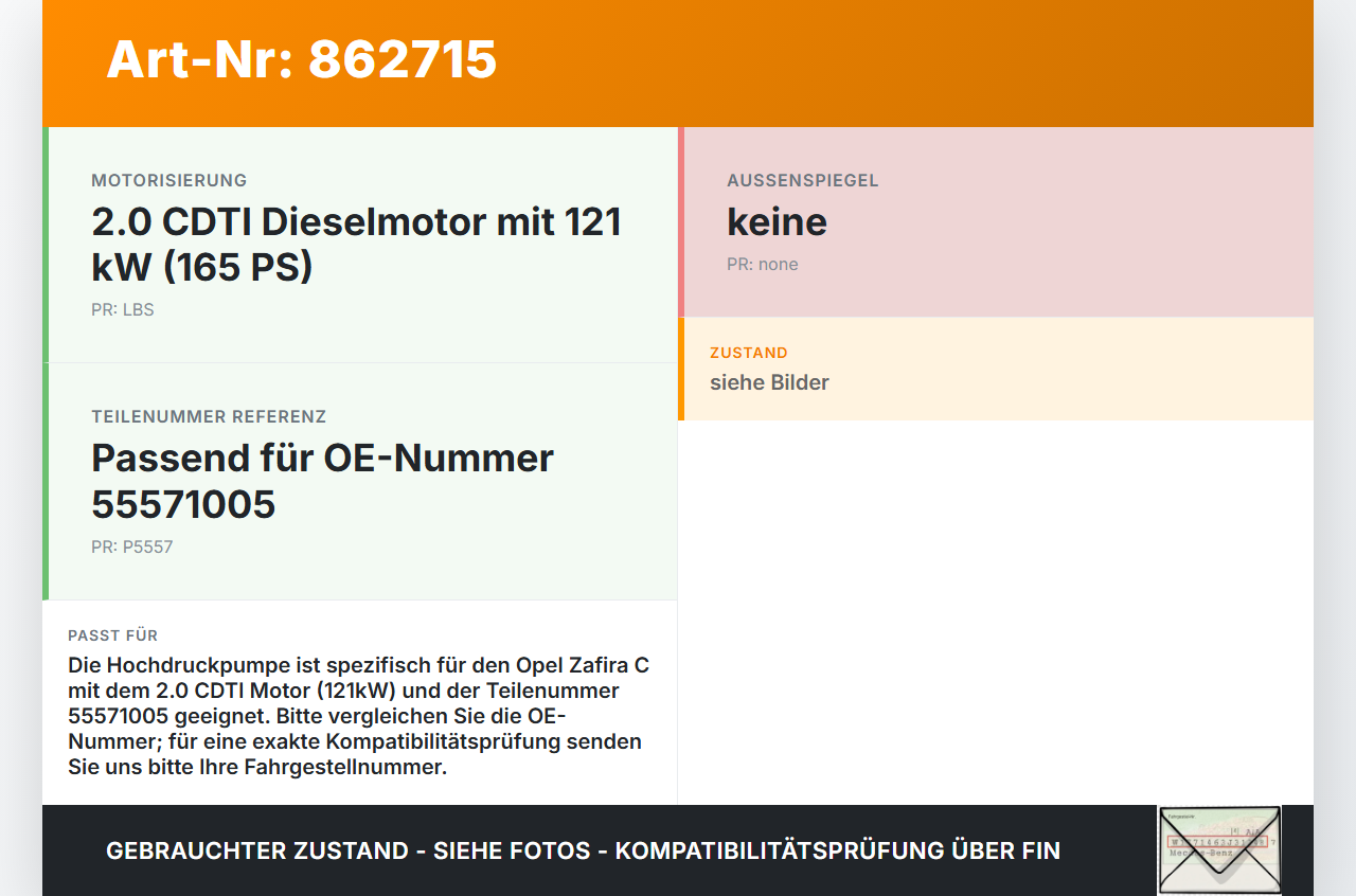 Opel Zafira C 11-16 2,0 121KW Einspritzpumpe Hochdruckpumpe Opel Zafira C 11-16 25.07.2012 0445010193 55571005 gebraucht Vorschau 3