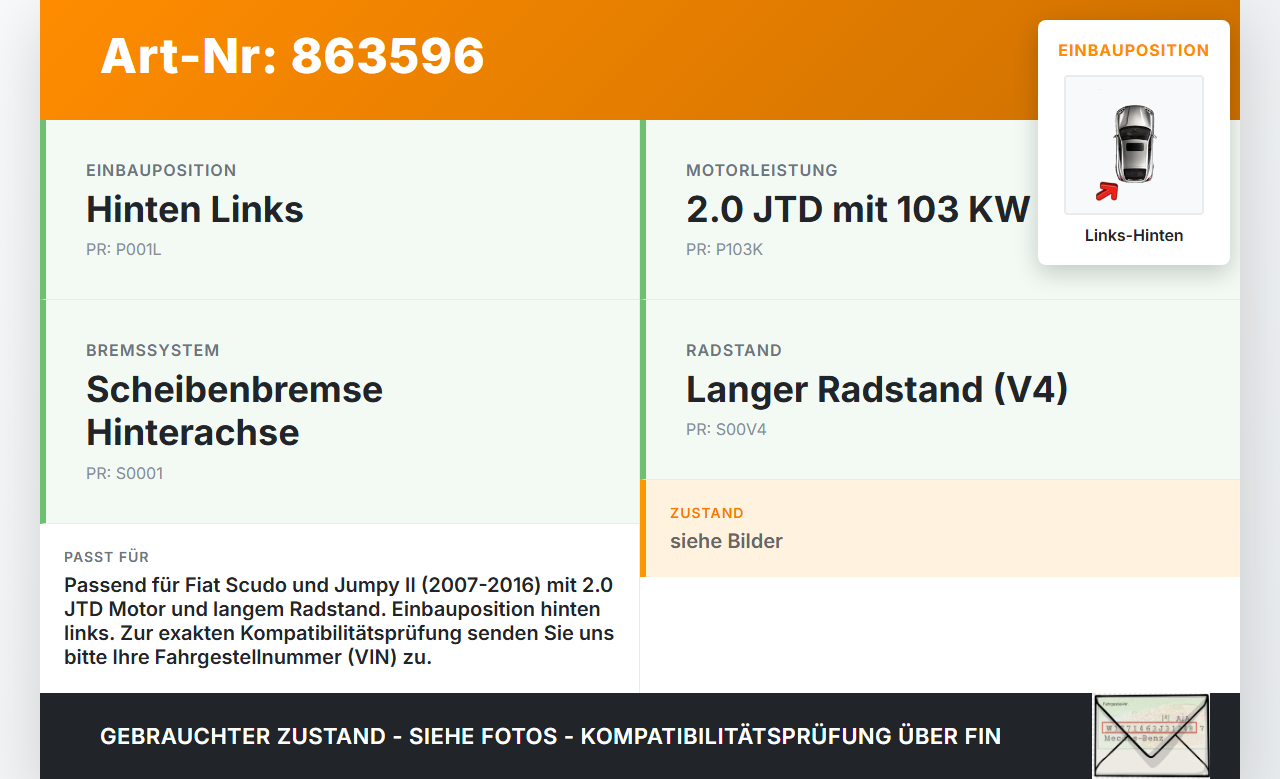 Fiat Scudo Jumpy  II 07-16 JTD 2,0 103KW Bremssattel Bremszange Hinten Links Fiat Scudo Jumpy  II 07-16 30.04.2007... Vorschau 3