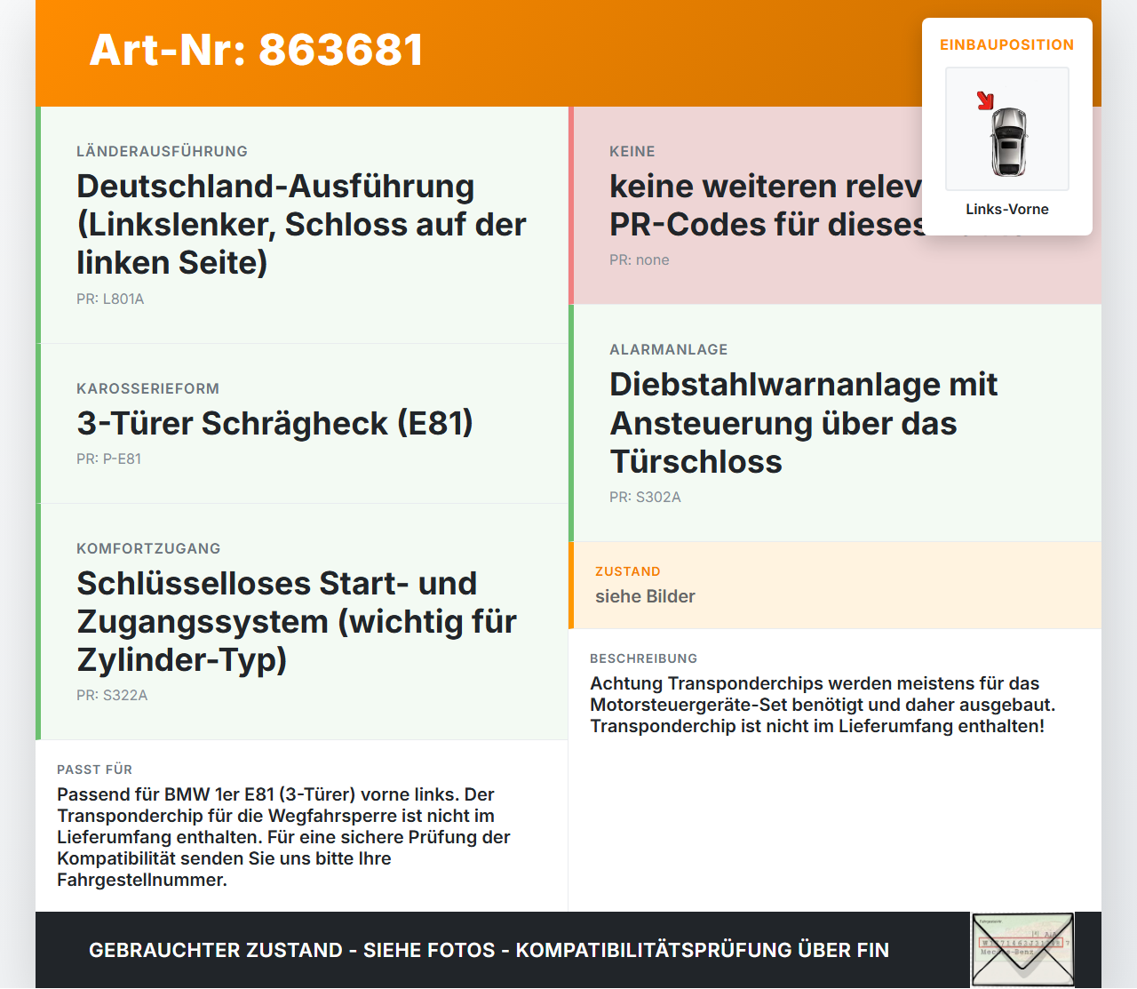 BMW E81 1er 116i LCI 07-13 Türschliesszylinder Links Vorne 1x Schlüssel BMW E81 1er 116i LCI 07-13 11.03.2010... Vorschau 3