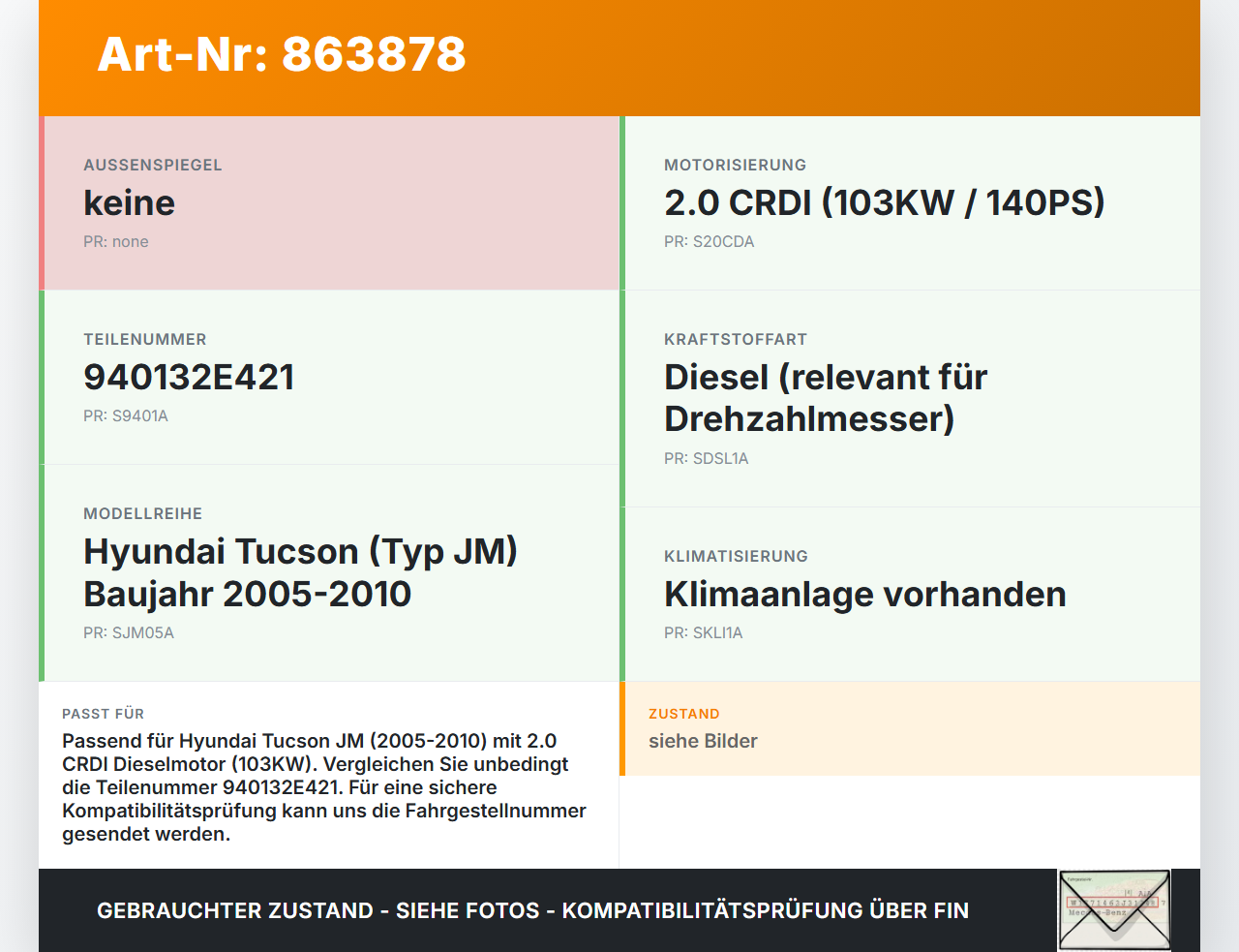 Hyundai Tucson JM 05-10 CRDI 2,0 103KW Kombiinstrument Tacho Hyundai Tucson JM 05-10 17.03.2006 940132E421... Vorschau 3