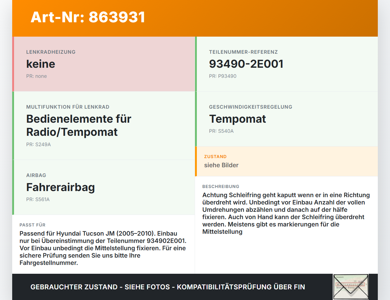 Hyundai Tucson JM 05-10 Airbag Schleifring Wickelfeder Hyundai Tucson JM 05-10 17.03.2006 934902E001 gebraucht Vorschau 3