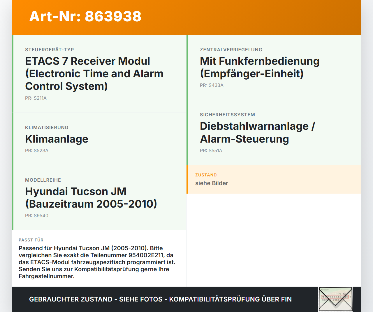 Hyundai Tucson JM 05-10 Steuergerät ECU Modul SG Etacs 7 Receiver Hyundai Tucson JM 05-10 17.03.2006 954002E211... Vorschau 3