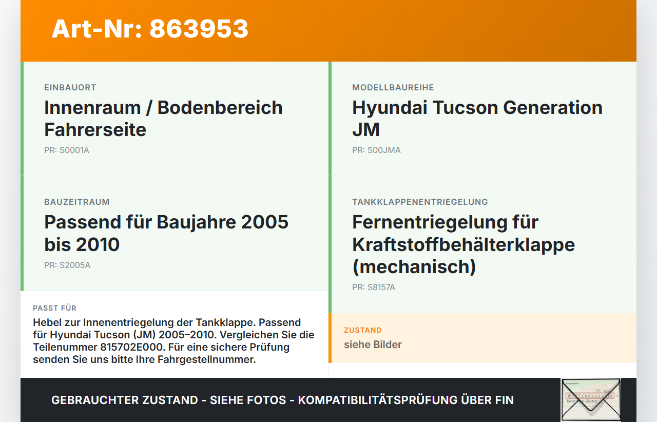 Hyundai Tucson JM 05-10 Hebel für Tankdeckel Entriegelung Innen Hyundai Tucson JM 05-10 17.03.2006 815702E000 gebraucht Vorschau 3