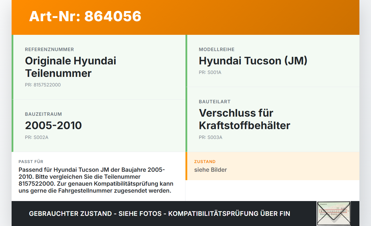 Hyundai Tucson JM 05-10 Tankdeckel Verschluss Tankverschluss Hyundai Tucson JM 05-10 17.03.2006 8157522000 gebraucht Vorschau 3