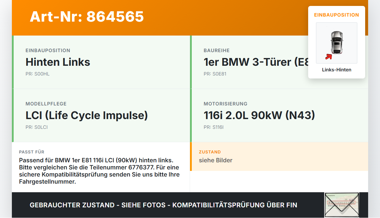 BMW E81 1er 116i LCI 07-13 2,0i 90KW Bremssattel Bremszange Hinten Links BMW E81 1er 116i LCI 07-13 11.03.2010... Vorschau 3