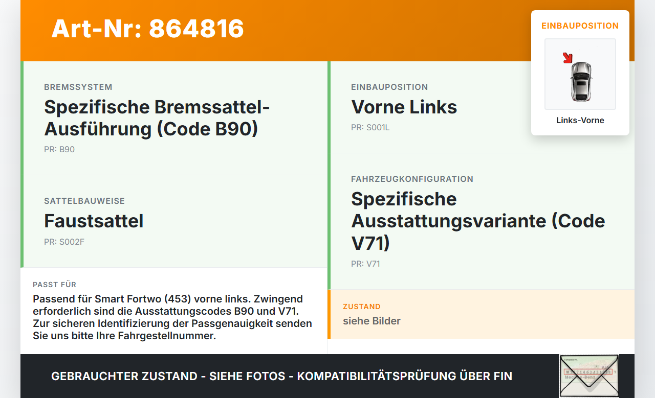 Smart Fortwo Fortwo 14-21 1,0 45KW Bremssattel Bremszange Vorne Links Smart Fortwo Fortwo 14-21 28.04.2016... Vorschau 3