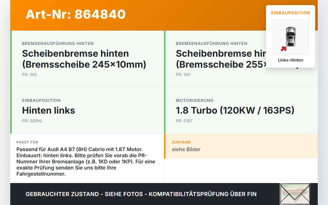 Audi A4 B7 8H Cabrio 06-09 1,8T 120KW Bremssattel Bremszange Hinten Links Audi A4 B7 8H Cabrio 06-09 31.07.2006... Vorschau 3
