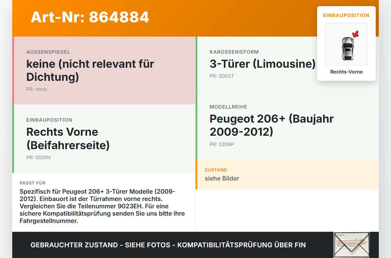 Peugeot 206+ 09-12 3T Dichtung für Rahmen Tür Rechts Vorne Peugeot 206+ 09-12 22.04.2010 9023EH gebraucht Vorschau 3