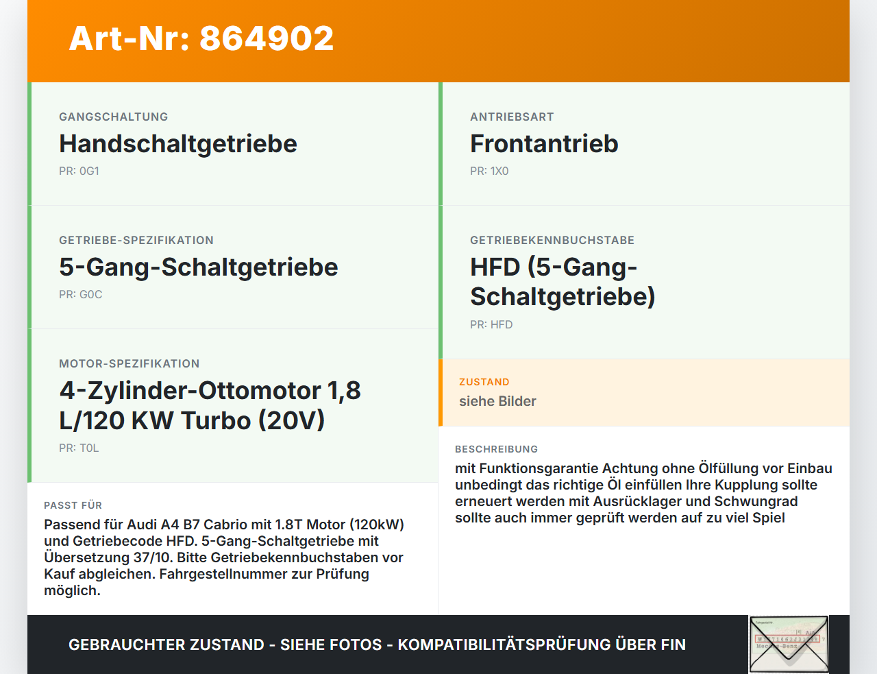 Audi A4 B7 8H Cabrio 06-09 1,8T 120KW HFD Schaltgetriebe Getriebe Audi A4 B7 8H Cabrio 06-09 31.07.2006 012300062S... Vorschau 3