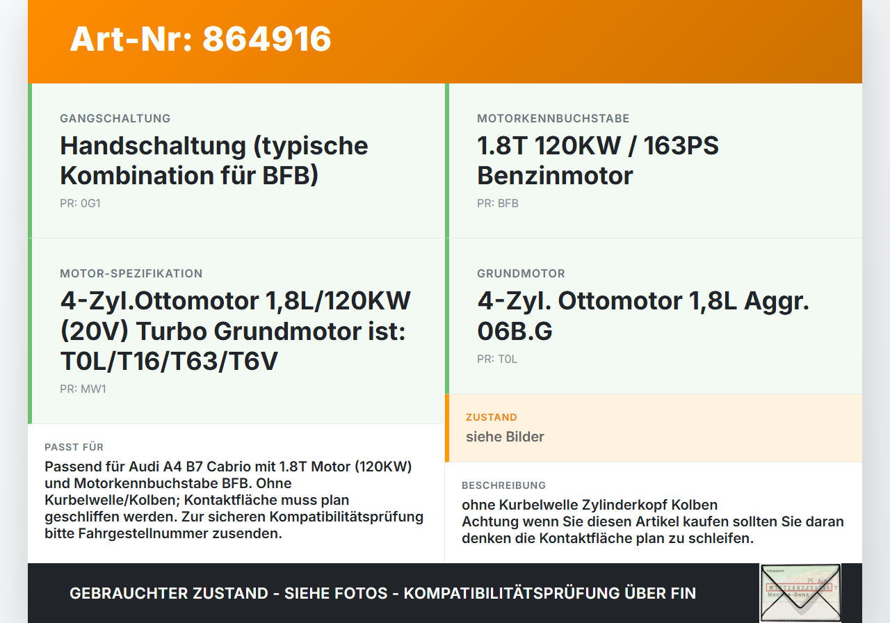 Audi A4 B7 8H Cabrio 06-09 1,8T 120KW BFB Motorblock für Motor Audi A4 B7 8H Cabrio 06-09 31.07.2006 06B103101H... Vorschau 3