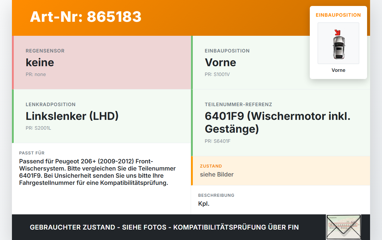 Peugeot 206+ 09-12 Wischermotor m. Wischergestänge Vorne Peugeot 206+ 09-12 22.04.2010 6401F9 gebraucht Vorschau 3