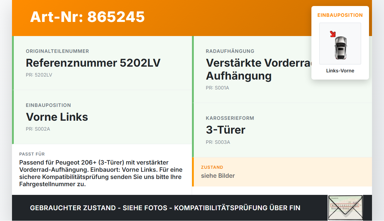 Peugeot 206+ 09-12 3T Stossdämpfer Federbein Vorne Links Peugeot 206+ 09-12 22.04.2010 5202LV gebraucht Vorschau 3
