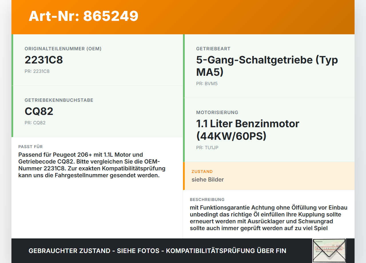 Peugeot 206+ 09-12 1,1 44KW BVM MA5 L Schaltgetriebe Getriebe CQ82 Peugeot 206+ 09-12 22.04.2010 2231C8 gebraucht Vorschau 3