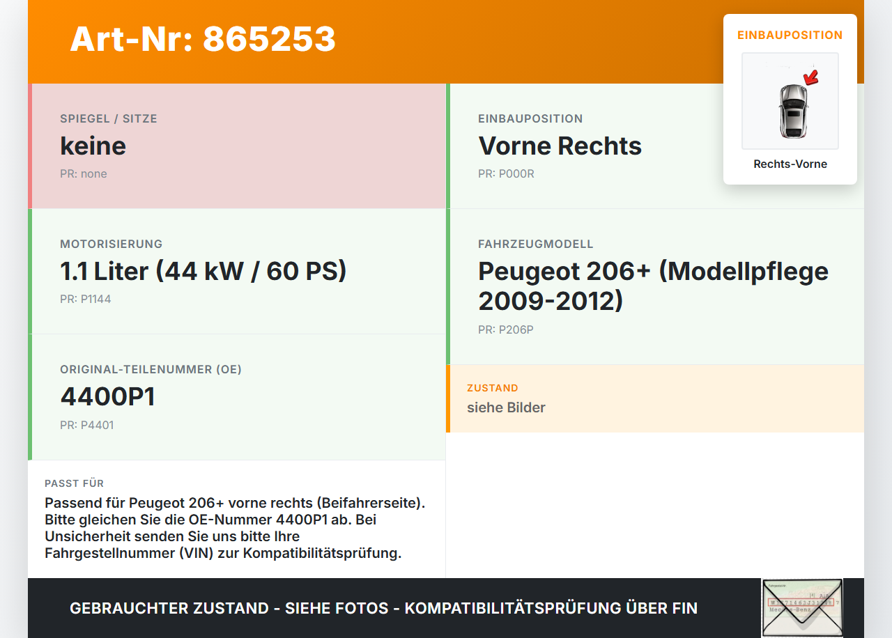 Peugeot 206+ 09-12 1,1 44KW Bremssattel Bremszange Vorne Rechts Peugeot 206+ 09-12 22.04.2010 4400P1 gebraucht Vorschau 3