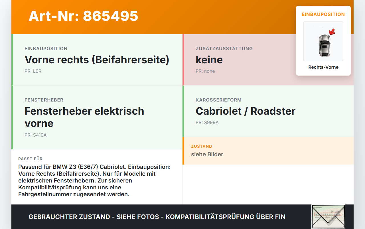 BMW Z3 99-02 Cabriolet Fensterhebermotor mit Fensterheber Rechts Vorne BMW Z3 99-02 11.08.1999 100852-1007... Vorschau 3