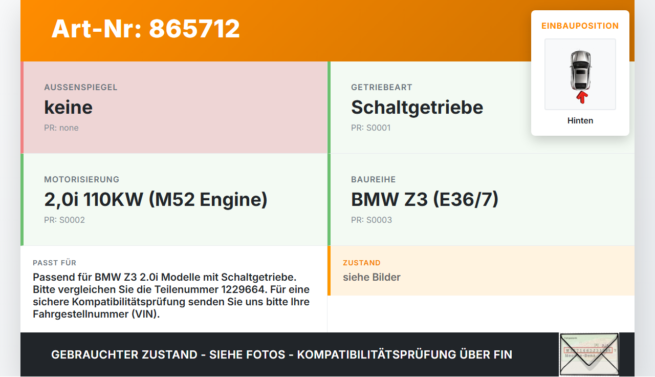BMW Z3 99-02 2,0i 110KW Kardanwelle Hinten BMW Z3 99-02 11.08.1999 1229664 2611-1229664 gebraucht Vorschau 3