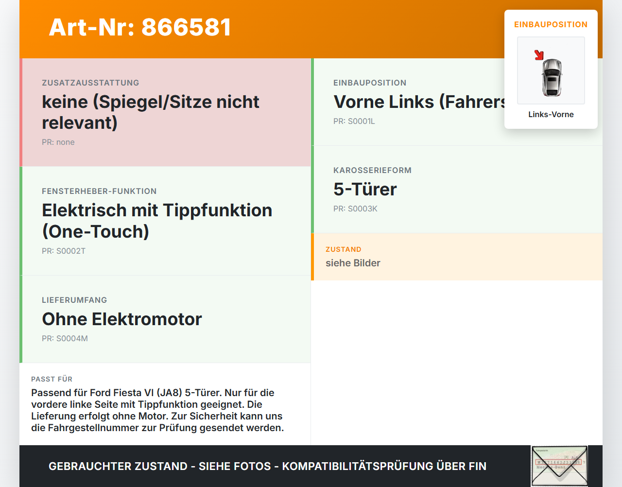 Ford Fiesta VI 6 JA8 08-13 5T Fensterheber o. FH-Motor Links Vorne Ford Fiesta VI 6 JA8 08-13 18.10.2011... Vorschau 3
