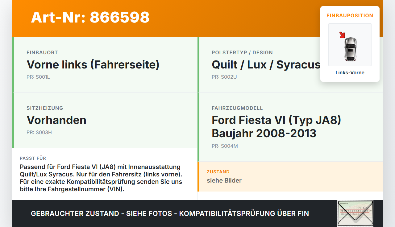 Ford Fiesta VI 6 JA8 08-13 Kopfstütze für Fahrer Sitz Links Vorne Ford Fiesta VI 6 JA8 08-13 18.10.2011... Vorschau 3