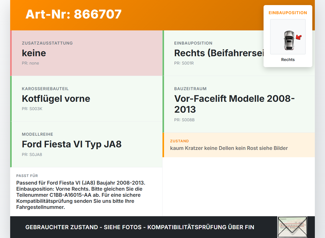 Ford Fiesta VI 6 JA8 08-13 Kotflügel Rechts FO Ford Fiesta VI 6 JA8 08-13 18.10.2011 C1BB-A16015-AA gebraucht Vorschau 3
