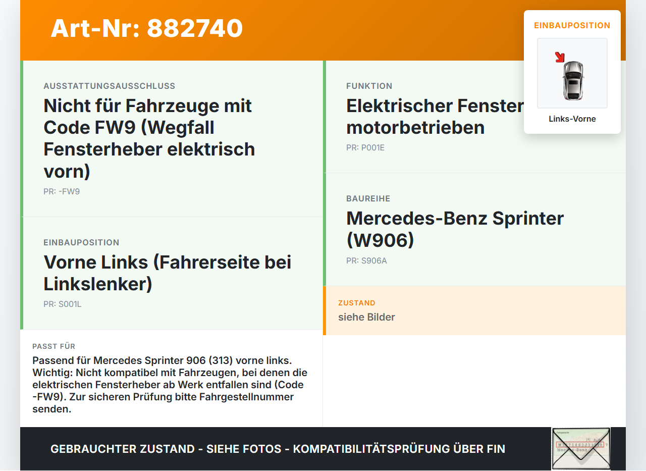 Mercedes Sprinter 906 313 06-13 Kasten Fensterhebermotor mit Fensterheber Links Vorne Mercedes Sprinter 906 313... Vorschau 3