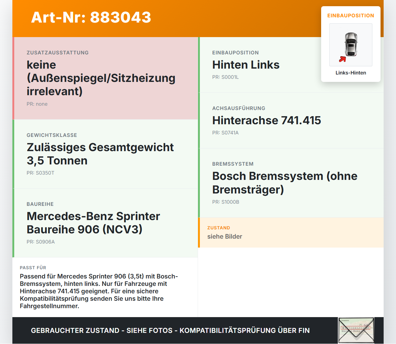 Mercedes Sprinter 906 313 06-13 CDI 2,2 95KW 3,5t Bremssattel Bremszange Hinten Links Mercedes Sprinter 906 313... Vorschau 3