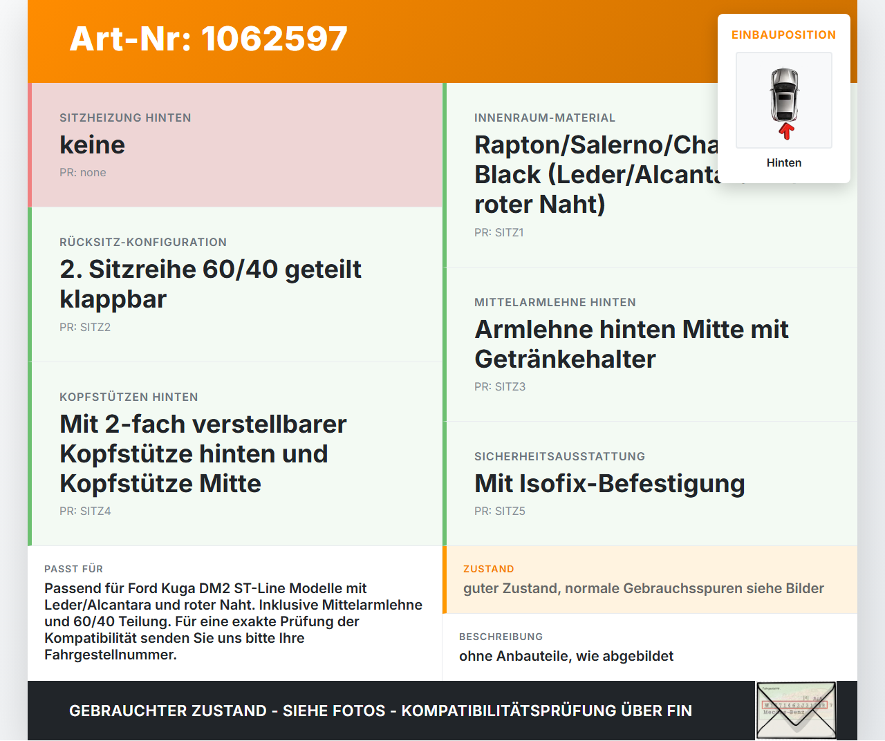 Ford Kuga DM2 16-20 Rücksitzbank Leder Alcantara Hinten rote Naht Ford Kuga DM2 16-20 27.12.2018 FJ54-S66801-BA... Vorschau 3