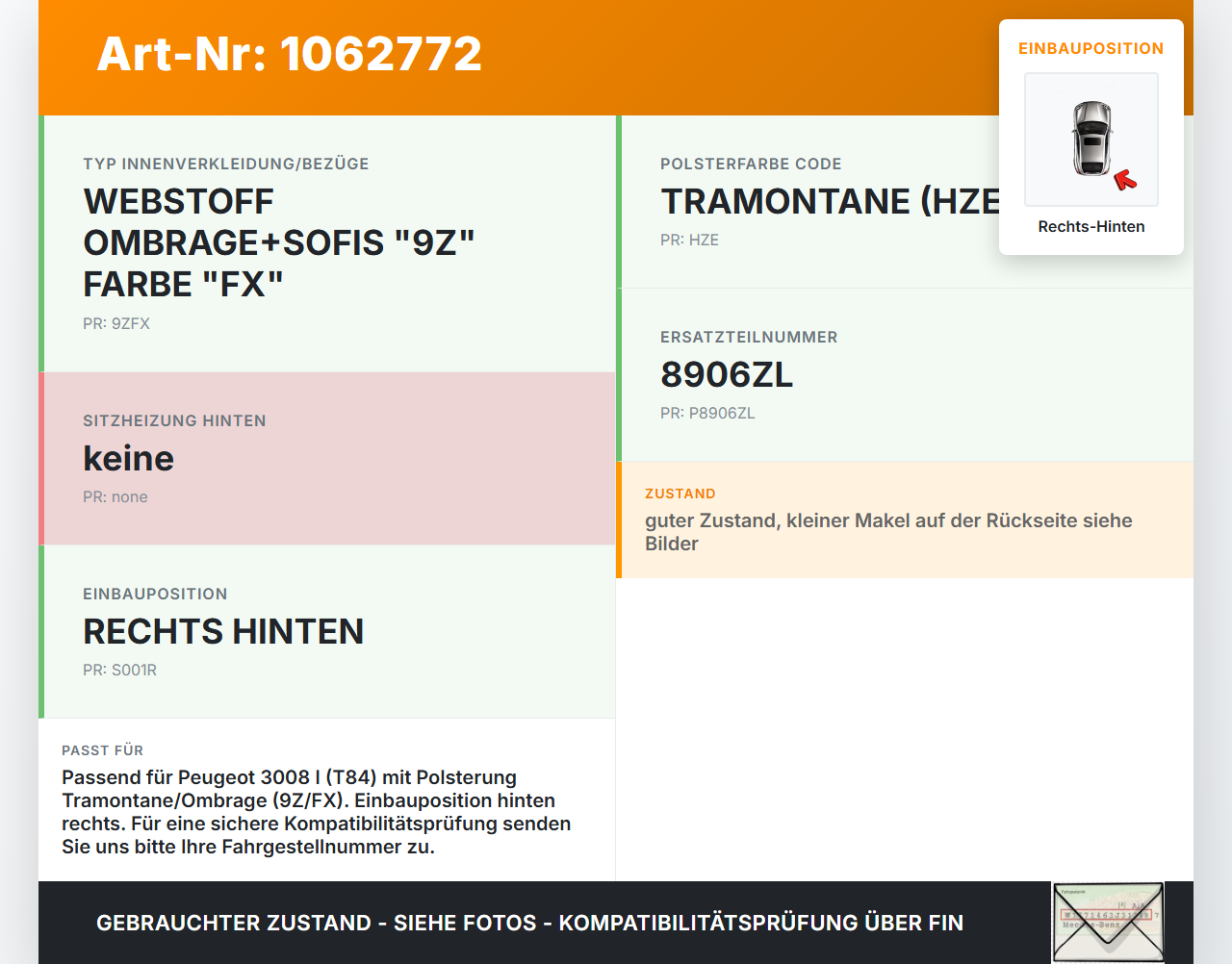 Peugeot 3008 I 0U 13-16 Kopfstütze Rechts Hinten Peugeot 3008 I 0U 13-16 02.01.2012 8906ZL gebraucht Vorschau 3