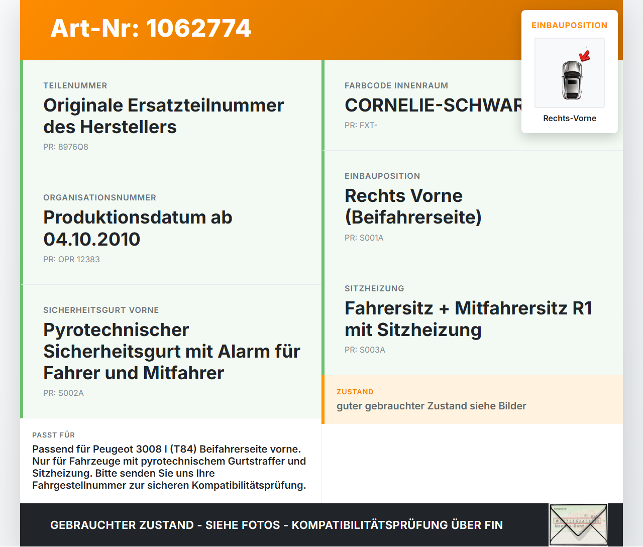 Peugeot 3008 I 0U 13-16 Mehrzweckfahrzeug Gurtschloss Rechts Vorne Peugeot 3008 I 0U 13-16 02.01.2012 8976Q8... Vorschau 3