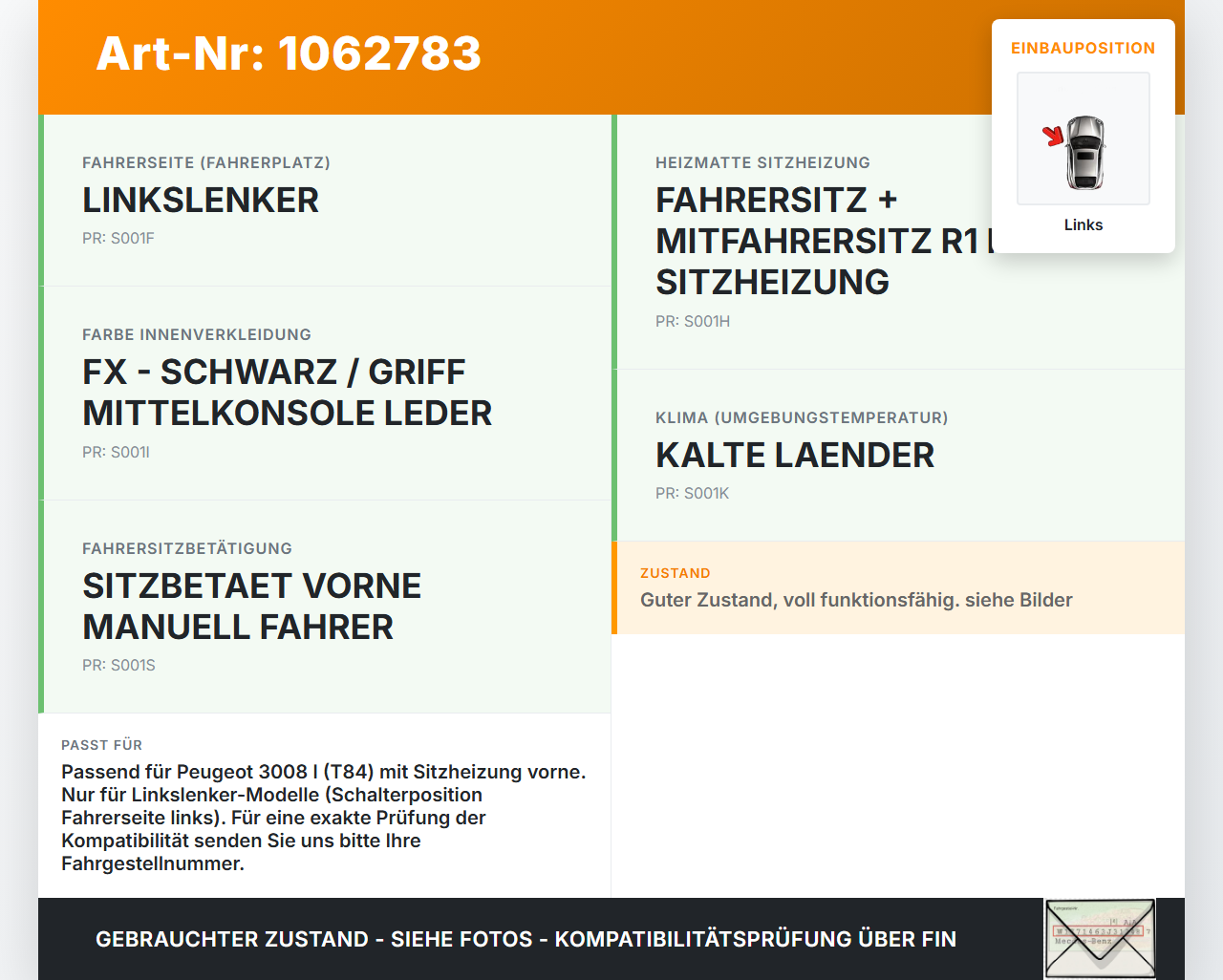 Peugeot 3008 I 0U 13-16 Sitzheizung Schalter Regler Links Peugeot 3008 I 0U 13-16 02.01.2012 892555 96619006XT... Vorschau 3